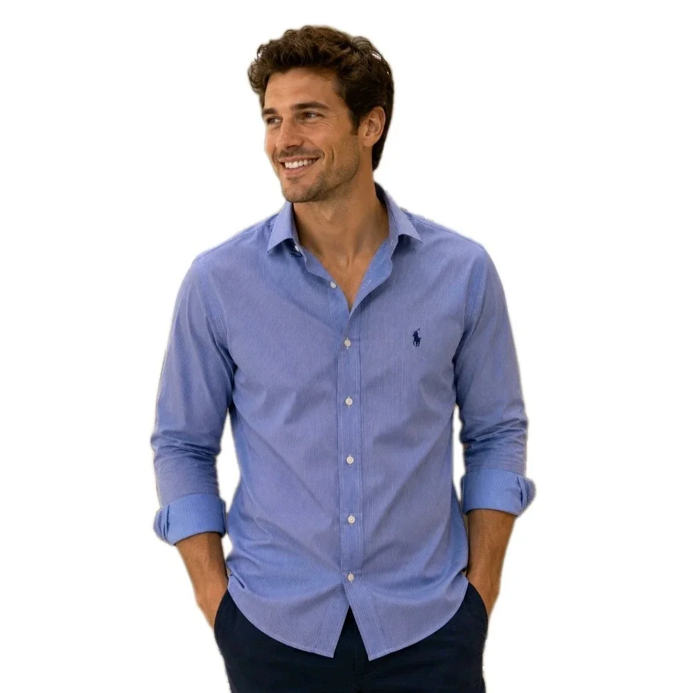 Polo Ralph Lauren Blue Stripe Shirt Classic Preppy Old Money SZ 16 34/35 Coastal